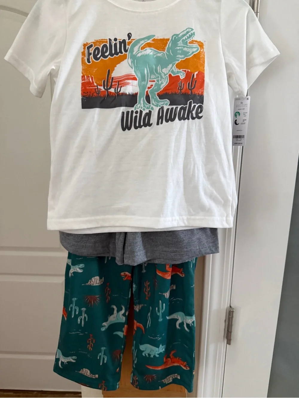Carter's White Tee & Teal Dinosaur Pajama Set